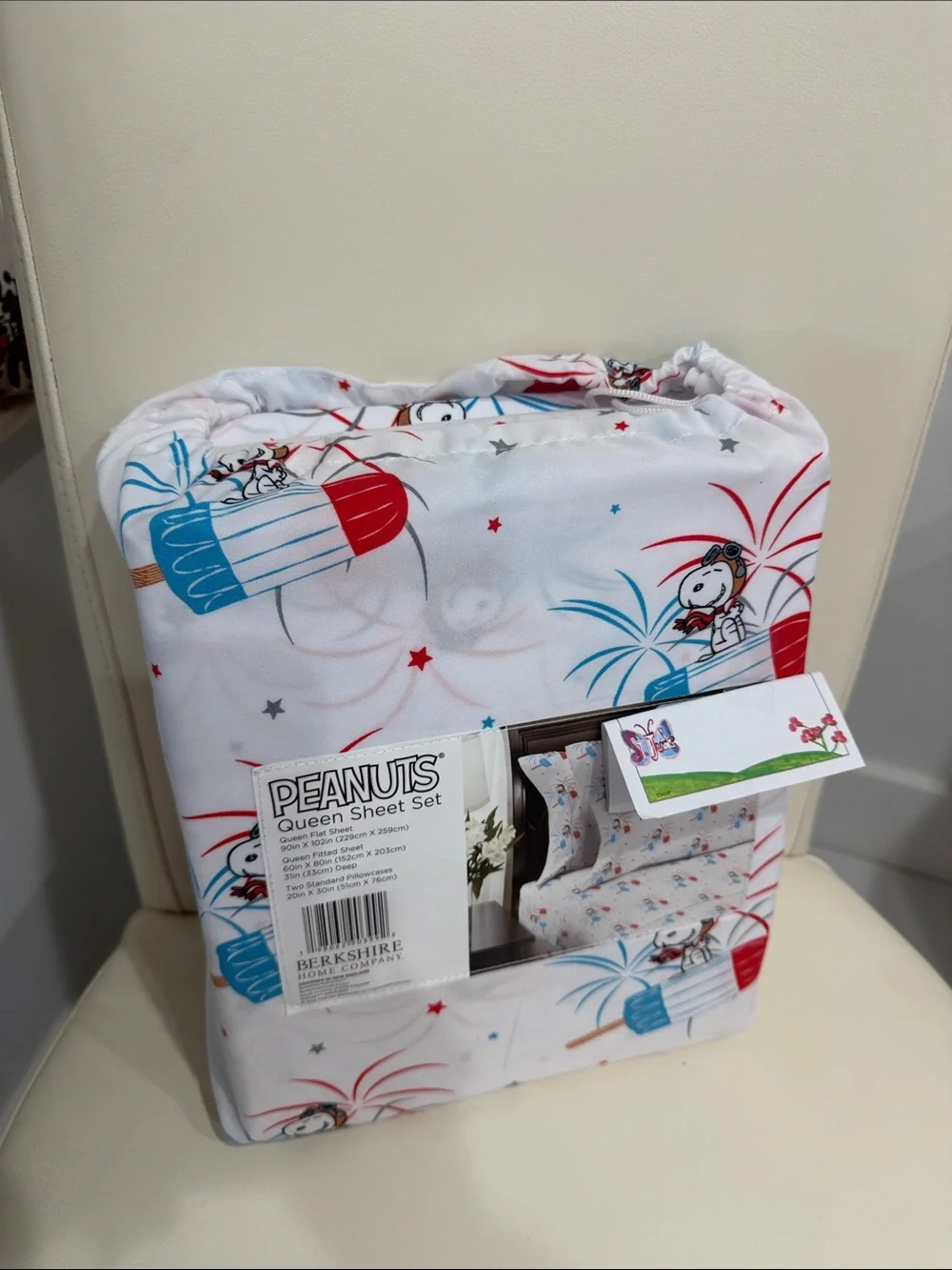 Peanuts Snoopy July 4th White/Red/Blue Snoopy & Fireworks QUEEN Sheet Set